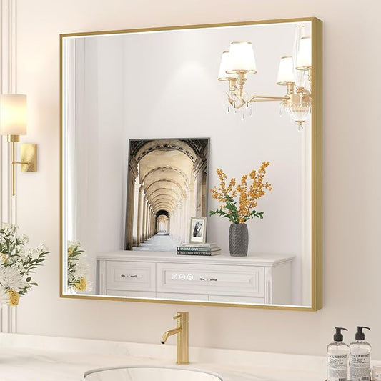 32x32 Inch LED Bathroom Mirror, Gold Metal Framed Lighted Mirror for Bathroom, Wall Mouted LED Vanity Mirror with Lights, 3 Colors and Stepless Dimmable, Anti-Fog, Memory