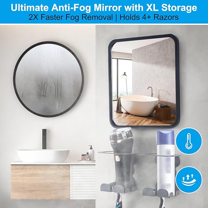 Fogless Shower Bathroom Wall Mirror: Shower Mirror fogless for Shaving with Razor Holder – NO Drilling Anti Fog Mirror for Shower Shatterproof & Waterproof for Bathroom - Men and Women