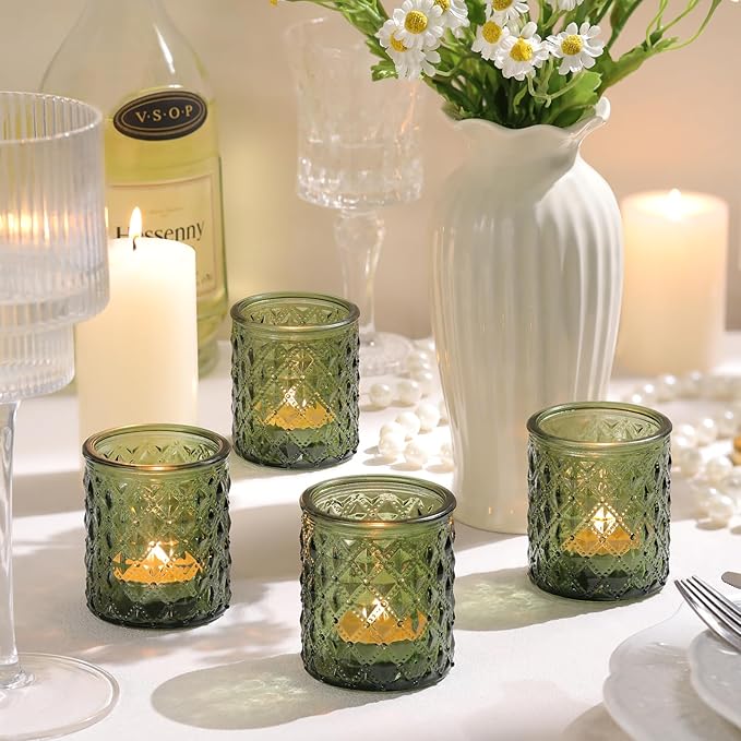20 Pcs Votive Candle Holders, Green Glass Candle Holder for Wedding Table Centerpiece, Tea Lights Candle Holders for Christmas Decor, Party and Fireplace Home Ornaments Wedding Party Indoor Decor