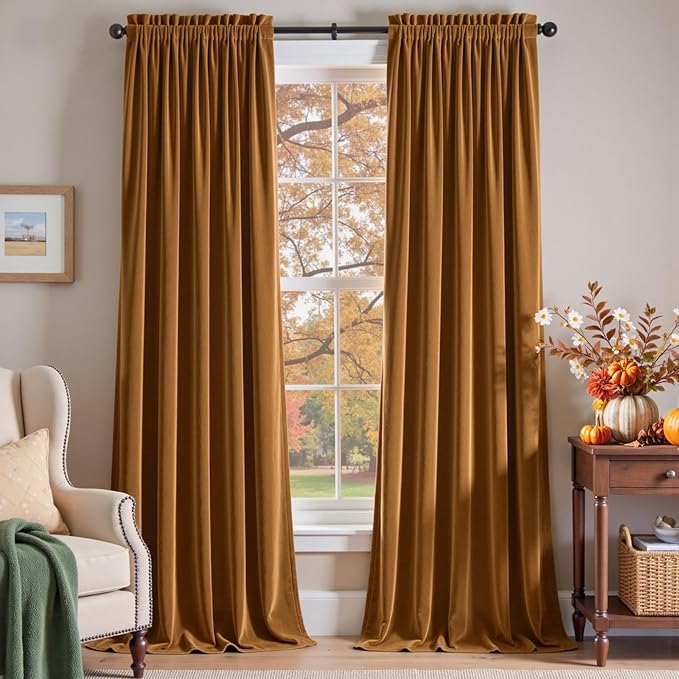 Lazzzy Velvet Blackout Curtains Thermal Insulated Room Window Drapes Super Soft Luxury Curtains for Living Room Bedroom Rod Pocket 2 Panels, Gold Brown, 52" W x 96" L