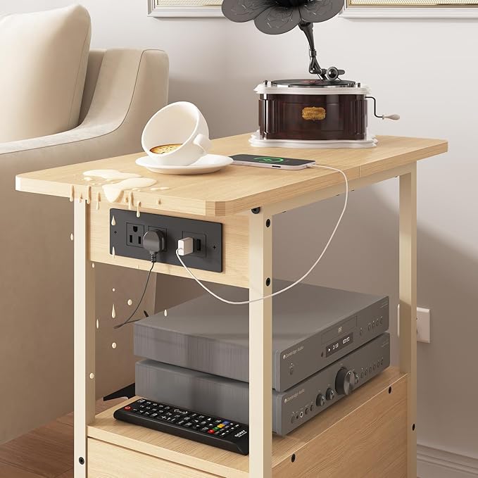 LIDYUK End Table with Charging Station, Narrow Side Table with Drawer and USB Ports & Power Outlets, Nightstand Bedside Tables for Small Spaces, Bedroom, Living Room, Natural