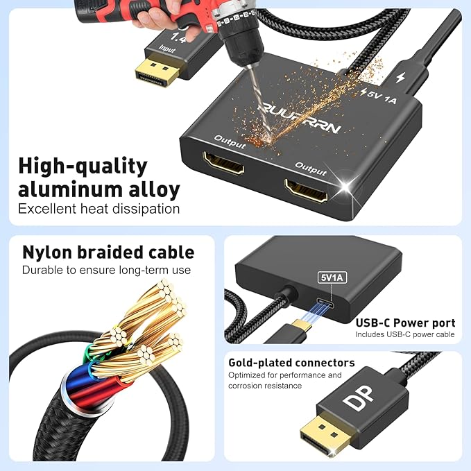 4K@60Hz DisplayPort to Dual HDMI Adapter, DP 1.4 Source to HDMI 2.0 Splitter for Dual Monitors, Display Port to HDMI Splitter 1 in 2 Out Extended Display, for PC,NVIDIA, AMD Graphic Card