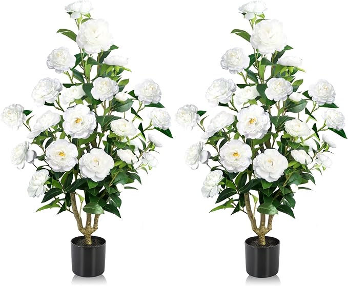 Faux Outdoor Plants 2 Pcs - 39’’ Artificial Camellia Tree Potted with White Flowers, Artificial Plants Outdoor Porch Front Door Garden Indoor Office Home Wedding Decor Housewarming Gift