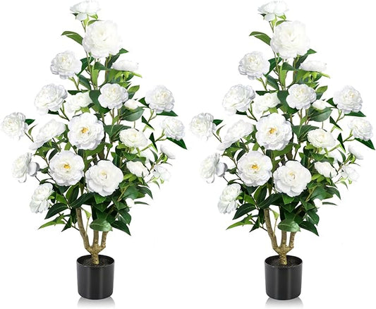 Faux Outdoor Plants 2 Pcs - 39’’ Artificial Camellia Tree Potted with White Flowers, Artificial Plants Outdoor Porch Front Door Garden Indoor Office Home Wedding Decor Housewarming Gift