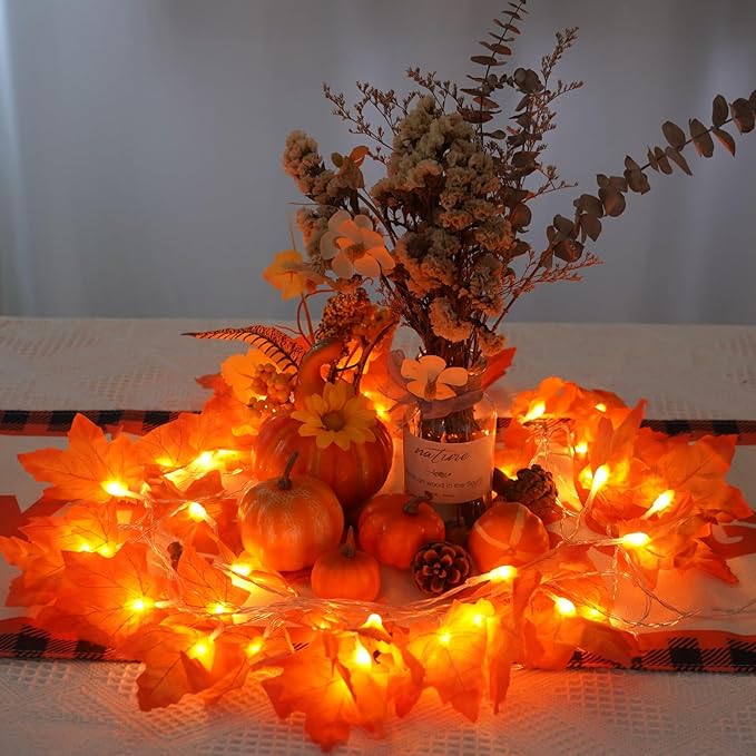 YEGUO 6 PCS Thanksgiving Decorations for Home, Fall Lights Battery Operated, Total 60ft 120 LED Lighted Fall Garland Maple Leaves for Halloween Holiday Autumn Harvest Fall Thanksgiving Decor