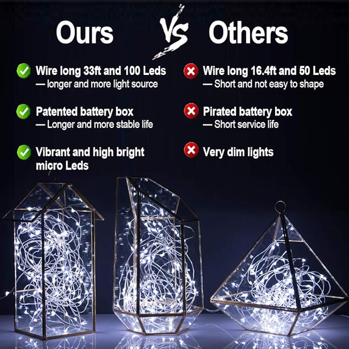 MUMUXI Fairy Lights with Remote Control, 33 Ft 100 LED Battery Operated String Lights, Waterproof Decorative Lighting for Outdoor and Indoor, Cool White LED for Christmas, Halloween, Festive Events