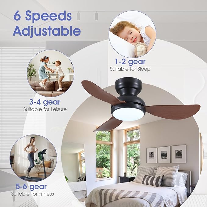 36 Inch Modern Ceiling Fans with Lights, Small Flush Mount Ceiling Fan with Light and Remote/APP Control, 3 Reversible 6 Speeds Curved Blades, 3 CCT Dimmable Lights for Bedroom, Brown