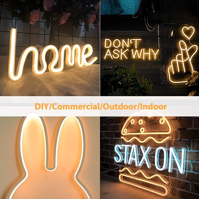 Lamomo LED Neon Rope Lights, 16.4ft/5m Warm White Light Strip 0.39in/Cut, 12V Flexible Waterproof Silicone Neon Sign for Kitchen Bedroom Indoor Outdoor Decoration（Power Adapter not Included）