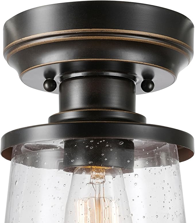 GLOBE Electric 44301 Charlie 1-Light Outdoor/Indoor Semi-Flush Mount Ceiling Light, Oil Rubbed Bronze, Clear Seeded Glass Shade, Bulb Not Included