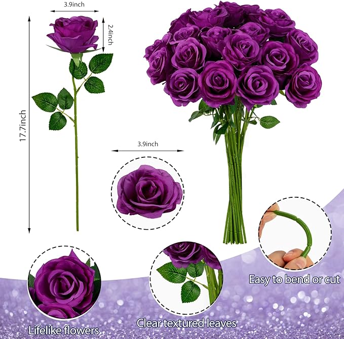 Ouddy Decor 20 Pcs Red Roses Artificial Silk Flowers Fake Roses Bouquet with Long Stems for Valentines Day Decor Wedding Home Party Table Centerpieces Bridal Bouquet DIY Floral Arrangment, Purple