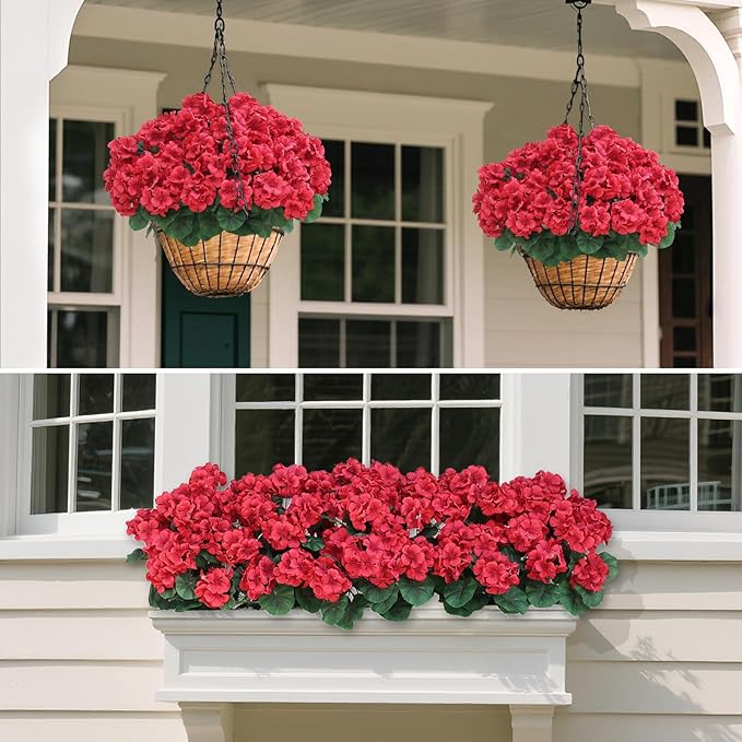 16 Bundles18" Artificial Geranium Flowers for Outdoor Spring Summer Decoration,Fake Silk Geranium Faux Plants UV Resistant for Front Door Planter Outside Home Garden Balcony Yard Porch Decor (Red）