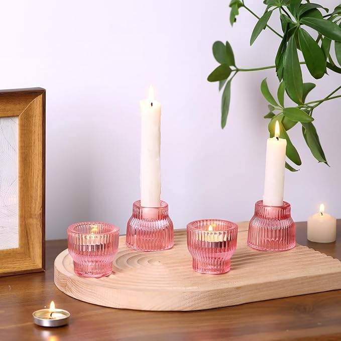 12pcs Pink Taper Candle Holders, Glass Candlestick Holders, Tea Light Candle Holder for Wedding Centerpieces Table Decorations, Votive Candle Holders for Baby Shower