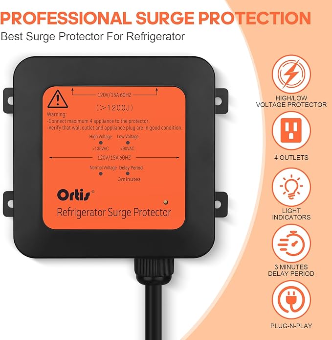 Ortis 4-Outlet Refrigerator Surge Protector with Time Delay, 1200J, Power Cord (5ft), Protects Against Spikes, Brownouts & Power Outages, Voltage Guard for Refrigerators 27 cu. ft. or More