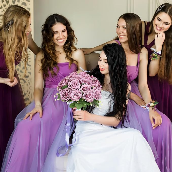Purple Roses Artificial Flowers - 8 Bundles Fake Silk Rose Flower Realistic Faux Florals Bulk for Wedding Bridal Party Baby Shower Event Home Arrangements Centerpieces Decor (Dusty Purple)