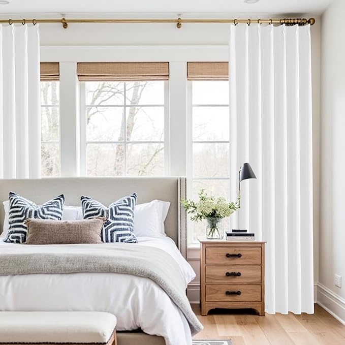 KangBang White Blackout Linen Curtains 96 Inches Long-Pinch Pleated Drapes for Living Room Office Hotel with Hooks, Room Darkening Vertical Curtains & Drapes 2 Panels,40Wx96L, Pure White