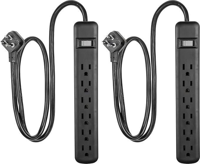 GE 6-Outlet Surge Protector 2 Pack, 3 Ft Extension Cord, Power Strip, 450 Joules, On/Off Switch, Integrated Circuit Breaker, Heavy Duty, Warranty, ETL Listed, Black, 83969