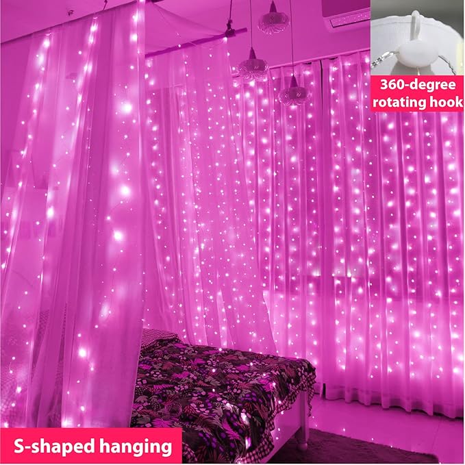 ZSJWL 300 LED Pink Curtain Fairy Lights with Remote, 8 Modes 9.8 × 9.8 Ft Waterproof USB Plug in Copper Wire Lights for Bedroom Window Chrismas Wedding Party