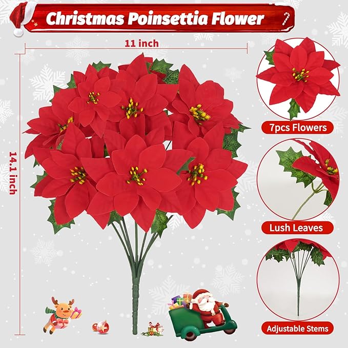 8 Pack Poinsettia Flowers Artificial Christmas Decorations, Red Poinsettia Flowers for Christmas Tree, Velvet Poinsettias Artificial Flowers for Xmas Decor DIY for Home Vase Indoor Outdoor Garden