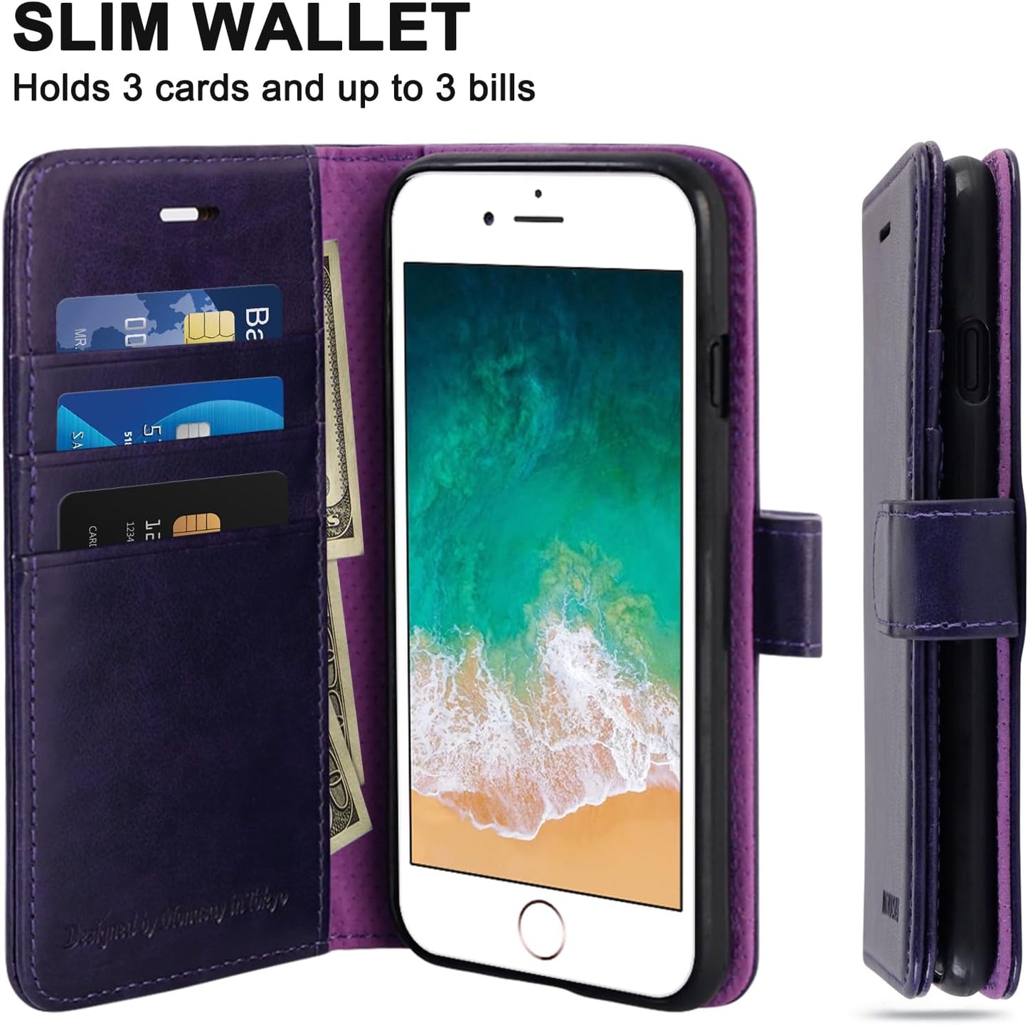 MONASAY Case for iPhone SE 2022/2020 5G, iPhone 7/8 Wallet Case, 4.7-inch, Purple with Glass Protector