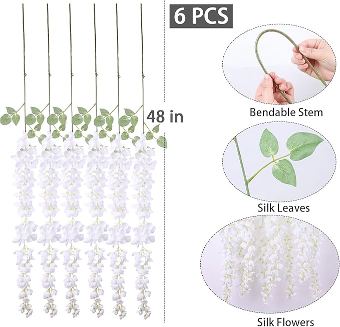 mizii 6Pcs White Wisteria Hanging Flowers 48" Silk Wisteria Artificial Flowers Garland Vines Fake Hanging Flowers Decoration for Wedding Flower Wall Backdrop Centerpieces Party Room Decor (White)