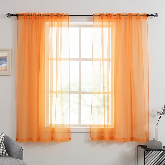 HUTO Orange Sheer Curtains 63 inches Long for Bedroom Top Rod Pocket Sheer Window Panels Curtains for Nursery Living Room 52 by 63 Inch Length Set of 2