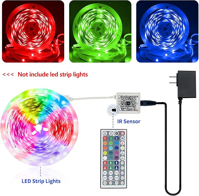 FONEWE 44 Key RGB LED Strip Lights IR Remote Control, Remote Receiver RGB LED Light Strip, 24V Power Adapter for LED Lights