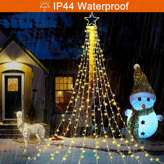 FUNIAO (New) Christmas Decoration Lights, 320 LED Waterfall Christmas Tree Lights with 12" Star Topper, 8 Modes Indoor Outdoor String Lights for Yard, Party, Home, Holiday (Warm White)