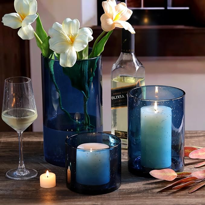 Large Hurricane Candle Holder Set of 3 Blue Candle Holders for Pillar Candles, Seeded Bubbles Glass Candle Holder, Blue Glass Cylinder Vases for Table Centerpieces, Home, Patio and Wedding 10"7"4"H