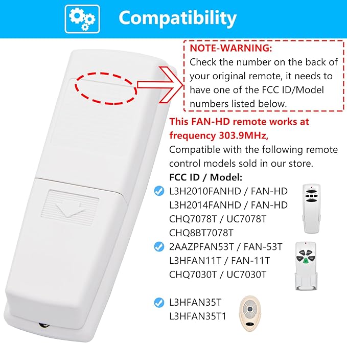 Fan-HD Ceiling Fan Remote Control Replacement for Hampton Bay Hunter, 303.9MHz Light Dimmer w/ 3-Speed, Replace for UC7078T CHQ7078T CHQ8BT7078T L3H2014FANHD L3H2010FANHD HD5(Remote Only)