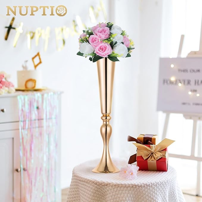 NUPTIO Pcs of 2 Fake Flower Ball Arrangement Bouquet,15 Heads Plastic Roses with Base, Suitable for Our Store's Wedding Centerpiece Flower Rack for Parties Valentine's Day Home Décor (Pink & White)