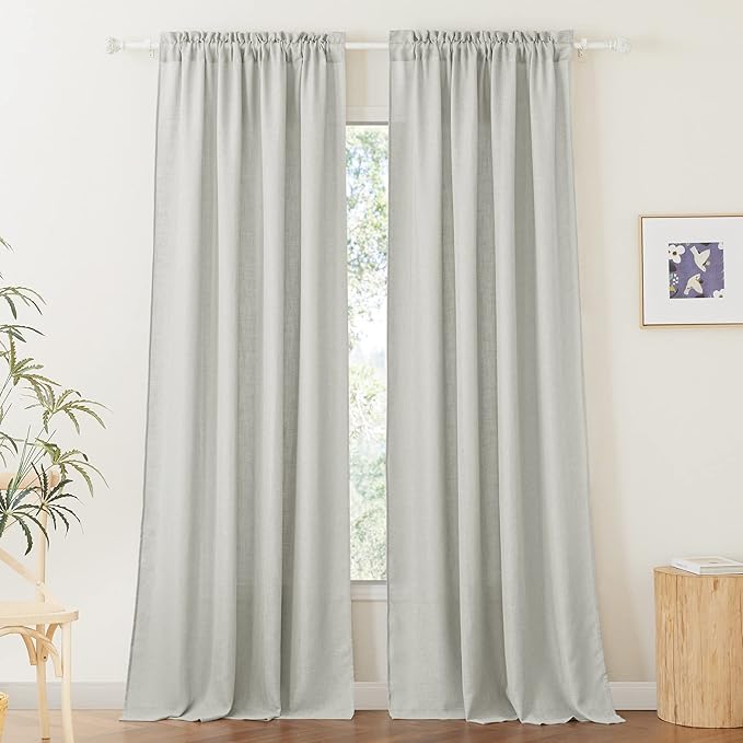 RYB HOME Floor to Ceiling Curtains 120 inches Long, Flax Linen Blend Semi Sheer Curtains Soft Airy Half Privavy Drapery for Sliding Door, Bay Window, Living Room, W 52 x L 120 inch, 2 Panels, Grey