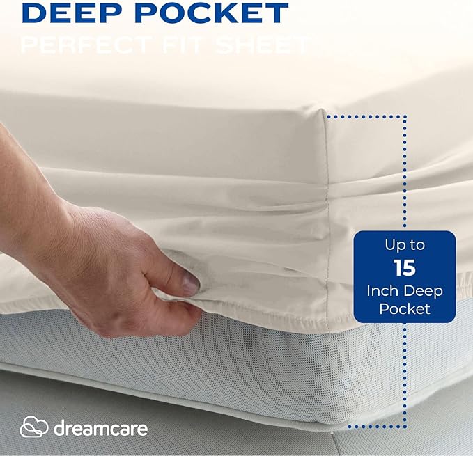 DREAMCARE Full Size Sheets - Cooling Bed Sheets - 4pcs Set - up to 15" Deep Pocket Full Sheet Set - Sheets Full Size Bed - Soft & Long Lasting 100% Fine Brushed Polyester with Side Pocket - Ivory