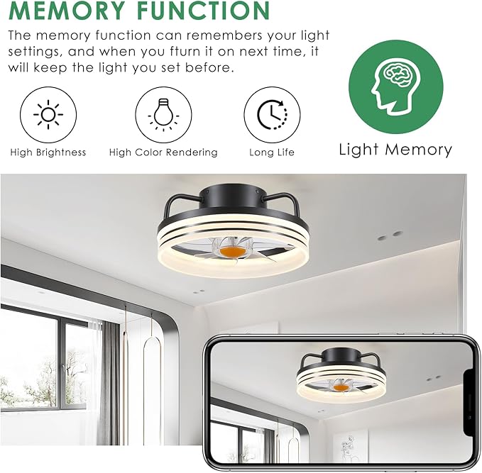 Ceiling Fans with Lights and Remote - Flush Mount Low Profile Ceiling Fans - 13” Bladeless Enclosed Ceiling Fans with Led Light and Stepless Dimming, Small Modern Ceiling Fan for Bedroom