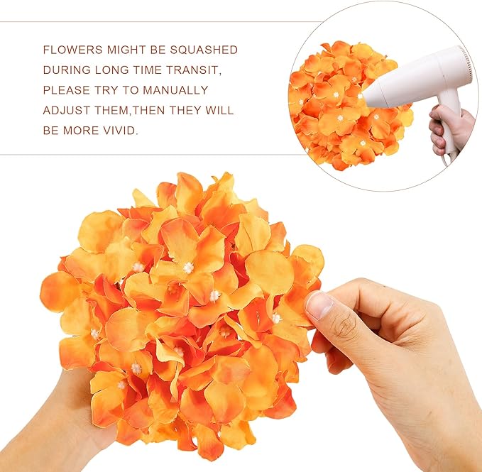 Auihiay 64 PCS Full Hydrangea Flowers, Silk Hydrangea Artificial Flowers Heads with Stems, Artificial Hydrangea Flowers for Wedding Centerpieces, Home, Garden, Baby Shower Decoration (Orange)