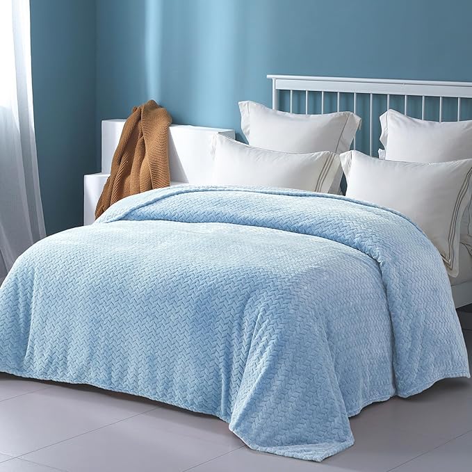 Exclusivo Mezcla Fleece Queen Size Blanket for Bed, 90x90 Inches Soft Cozy Jacquard Flannel Blankets, Lightweight Fuzzy Plush Warm for Winter, Light Blue