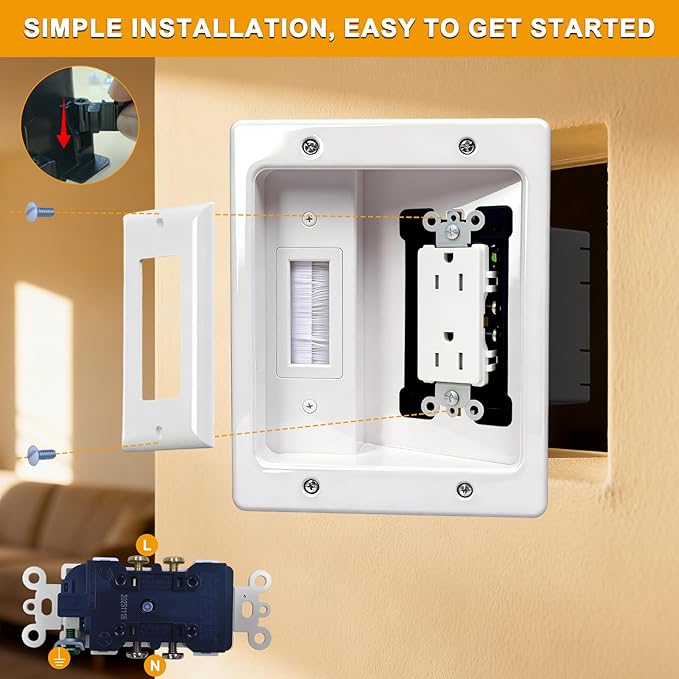 Wall Cable Concealer Kit with Recessed Tv Outlet Box-Two-Hole Socket,Tv Cable Hider Wall Kit Hider Box Fits All Plugs, Easy, Safe Cable Management
