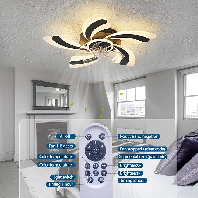 Ceiling Fan with Lights Remote Control, Black Modern Ceiling Fan with Light, 3 Light Color 6 Speeds Low Profile Flush Mount Ceiling Fan for Kitchen Bedroom Living Room