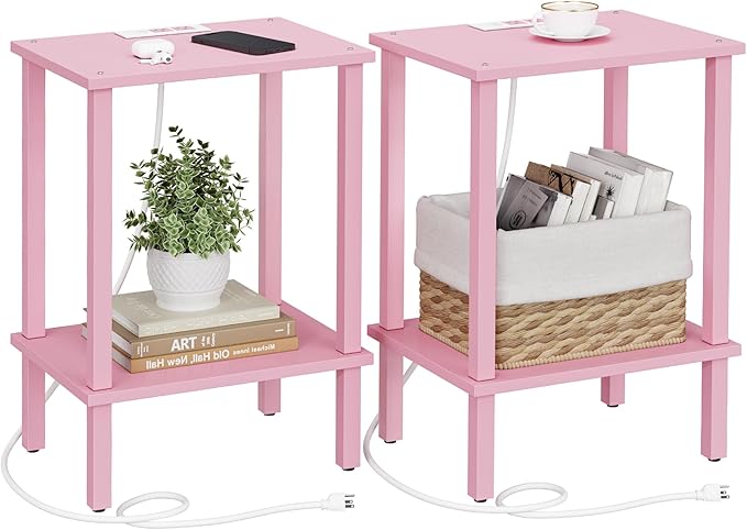 TUTOTAK End Table with Charging Station, Set of 2, Small Side Table with Outlets, Nightstand Bedside Table, 2-Tier Storage Shelf for Small Space, Living Room, Bedroom Pink TB01BP041