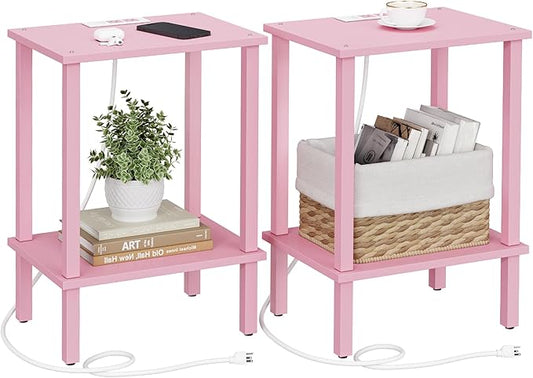 TUTOTAK End Table with Charging Station, Set of 2, Small Side Table with Outlets, Nightstand Bedside Table, 2-Tier Storage Shelf for Small Space, Living Room, Bedroom Pink TB01BP041