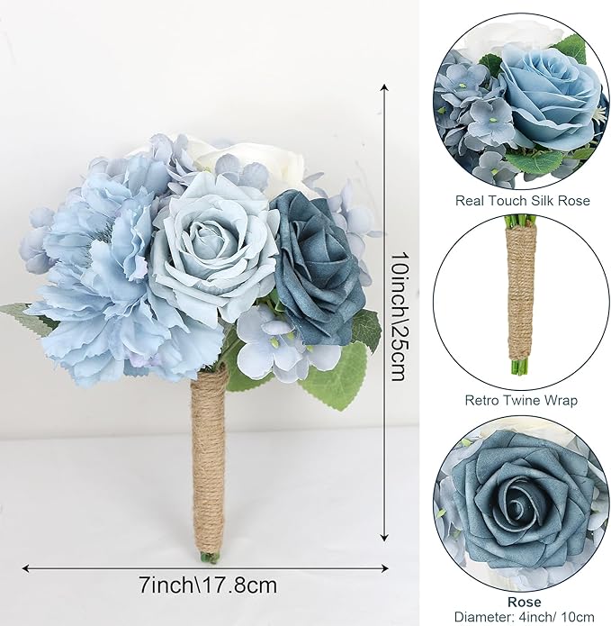 Artificial Bridesmaids Bouquets Set of 4 - 7 inch Silk Rose Bouquets for Bridesmaids, Pre-made Bridesmaid Flowers Small Bouquet for Wedding Vintage Country Bridal Shower Decorations -Dusty Blue