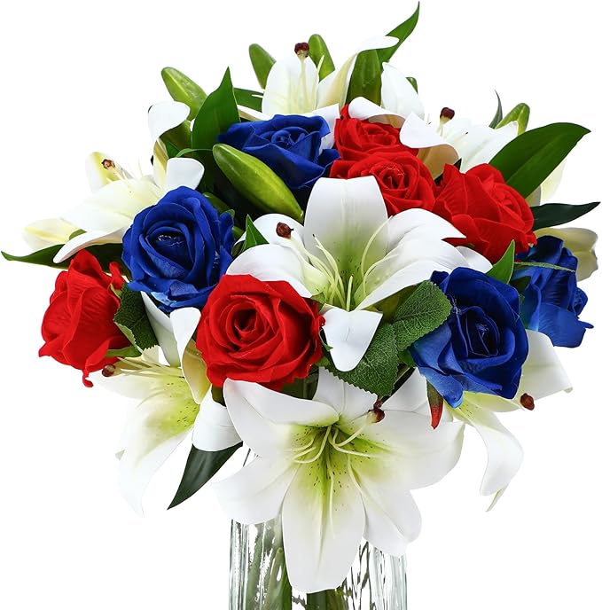 Hotop 20 Pcs Artificial Flowers Velvet Realistic Roses and Latex Lilies Flowers Bouquet Decorations Arrangements for Home Table Centerpieces Independence Day(Red,Blue,White)