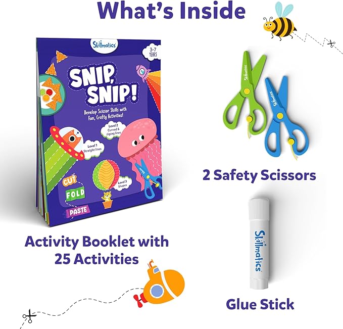Skillmatics Scissor Skills Activity Book - Snip Snip, 25 Fun Cutting & Creative Activities for Preschoolers, 2 Child-Safe Scissors, Fine Motor Skills Craft Kit, Gifts for Kids Ages 3, 4, 5, 6, 7