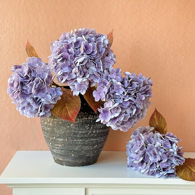 YalzoneMet 4 Pcs Hydrangea Artificial Flower Lifelike 21'' Long Stem Latex Real Touch Hydrangea for Xmas Home Party Kitchen Thanksgiving Table Centerpiec Christmas Decor 2 White + 2 Purple