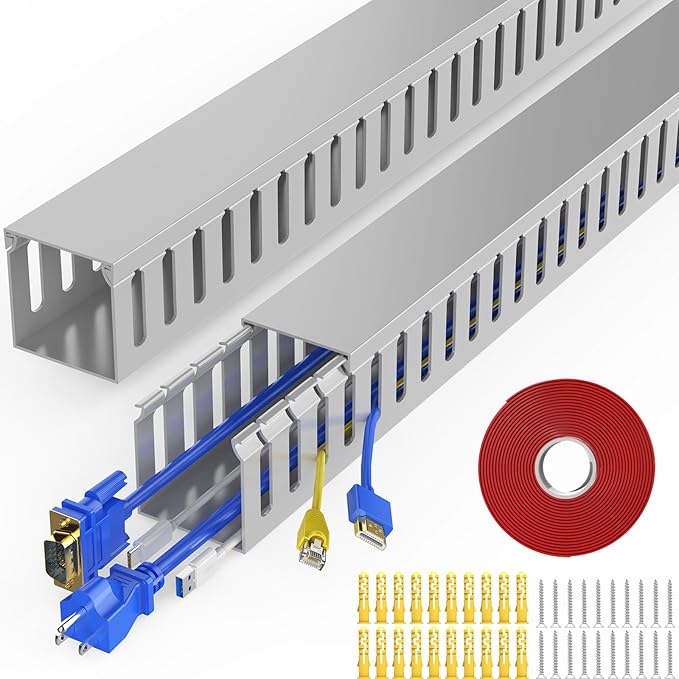 Open Slot Wiring Raceway Cable Duct, 30.8in Cable Management Channel Cord Track,Desk Wire Channel, Under Desk Cable Management to Hide Cables, Wires for Computers (Grey, 1.97" Hx1.97"W, 15.4''L(2 Pc))