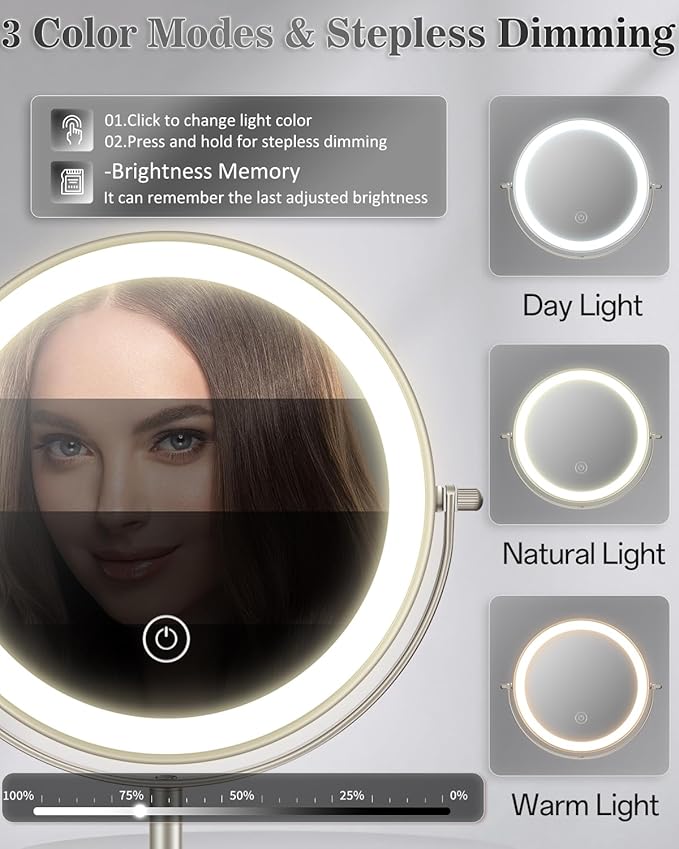 Makeup Mirror with Lights, 1X/30X Lighted Magnifying Mirror Height Adjustable, 3000mAh Rechargeable Double Sided Vanity Mirrors with 3 LED Lighting and Adjustable Brightness for Desk Women Gift
