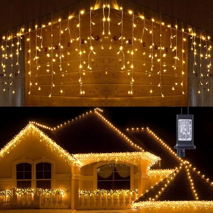 Toodour Christmas Icicle Lights Outdoor, 360 LED 29.5ft 8 Modes Fairy Icicle String Light with 60 Drops, Led Christmas Lights Twinkle for Holiday, Party, Wedding, Eaves, Xmas Decorations (Warm White)