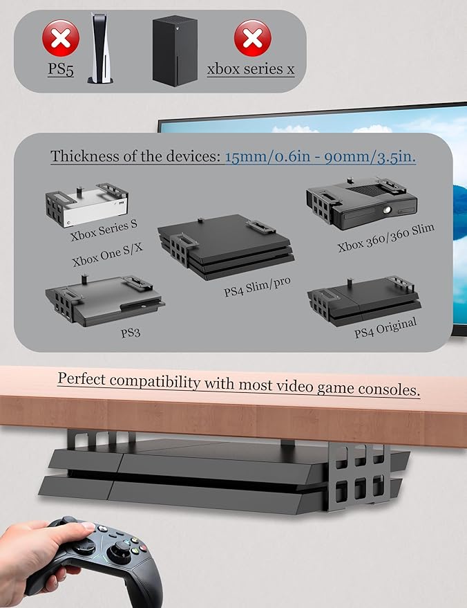 Universal Under Desk Mount Holder for Game Console, Media Players, Audio Interface, Mini Pc, UPS System, Projector Ceiling Mount Fit for Any Other 0.6" to 3.5" Thick Devices (Black)