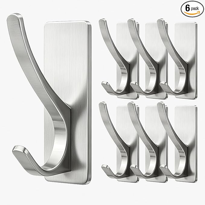 pickpiff Self Adhesive Coat Hooks for Hanging: Heavy Duty Stainless Wall Hook for Towel, Backpack, Hat, Sturdy Metal Hanger for Bathroom, Bedroom, Door, Brushed Nickel, 6-Pack