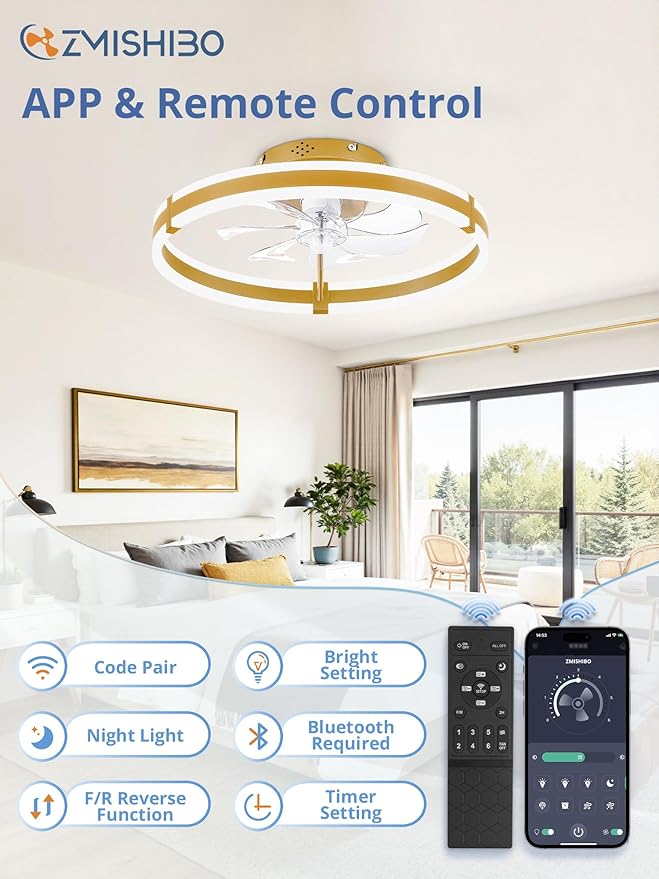 ZMISHIBO Ceiling Fans with Lights and Remote, 19.7'' Low Profile Ceiling Fan, 3000-6000K Dimmable Modern Flush Mount LED Fan Light, 6 Wind Speeds, Gold Fandelier Ceiling Fans for Bedroom