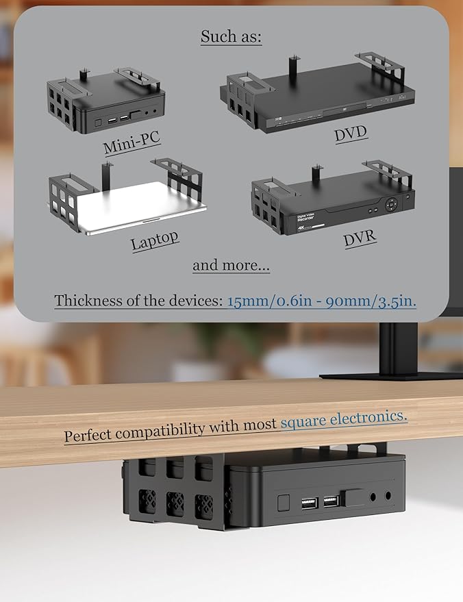 Universal Under Desk Mount Holder for Game Console, Media Players, Audio Interface, Mini Pc, UPS System, Projector Ceiling Mount Fit for Any Other 0.6" to 3.5" Thick Devices (Black)